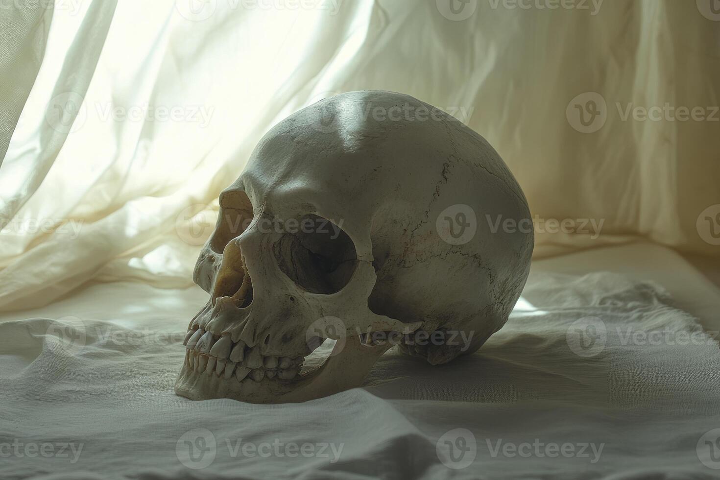 Human Skull Still Life with Cloth Background in Somber Lighting photo