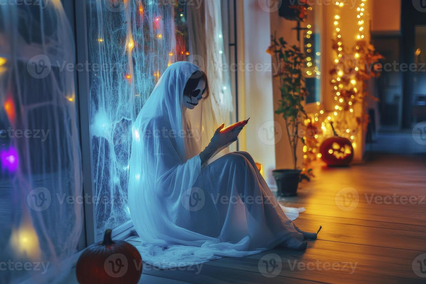 Ghost Reading Book in Spooky Home Celebrating Halloween Night photo