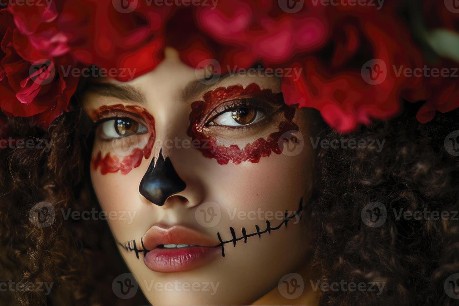 Woman Wearing Calavera Makeup and Red Roses Wreath for Day of Dead photo