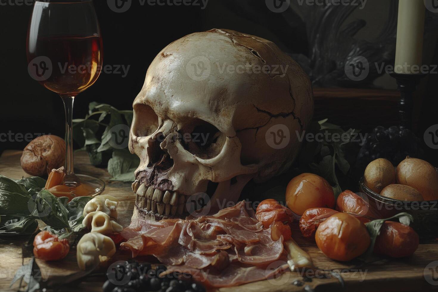 A skull with food and wine on a table photo