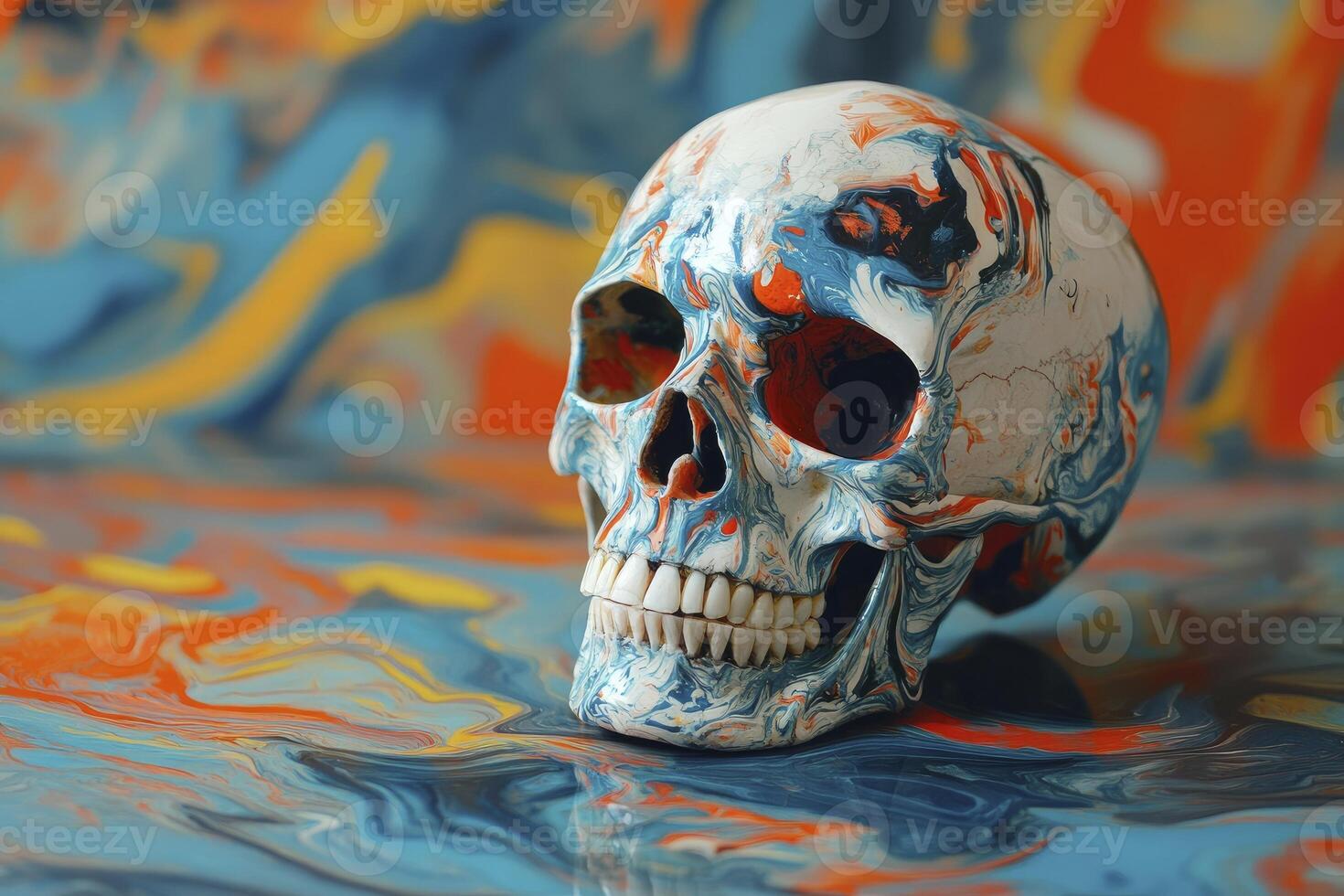 Colorful Skull Artwork on Swirling Paint Background for Halloween or Art photo