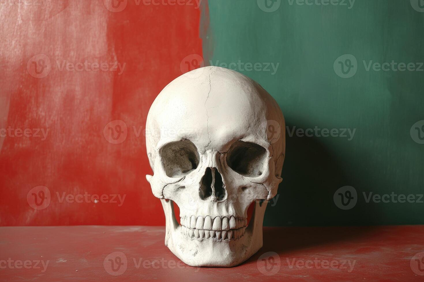 Human Skull Still Life Art on Red and Green Background photo