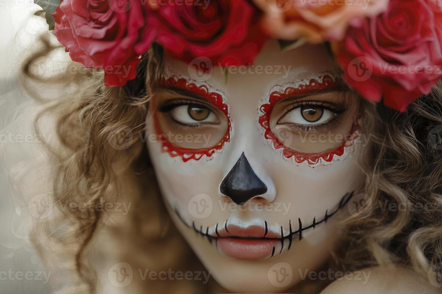Woman with Sugar Skull Makeup and Roses for Day of the Dead photo