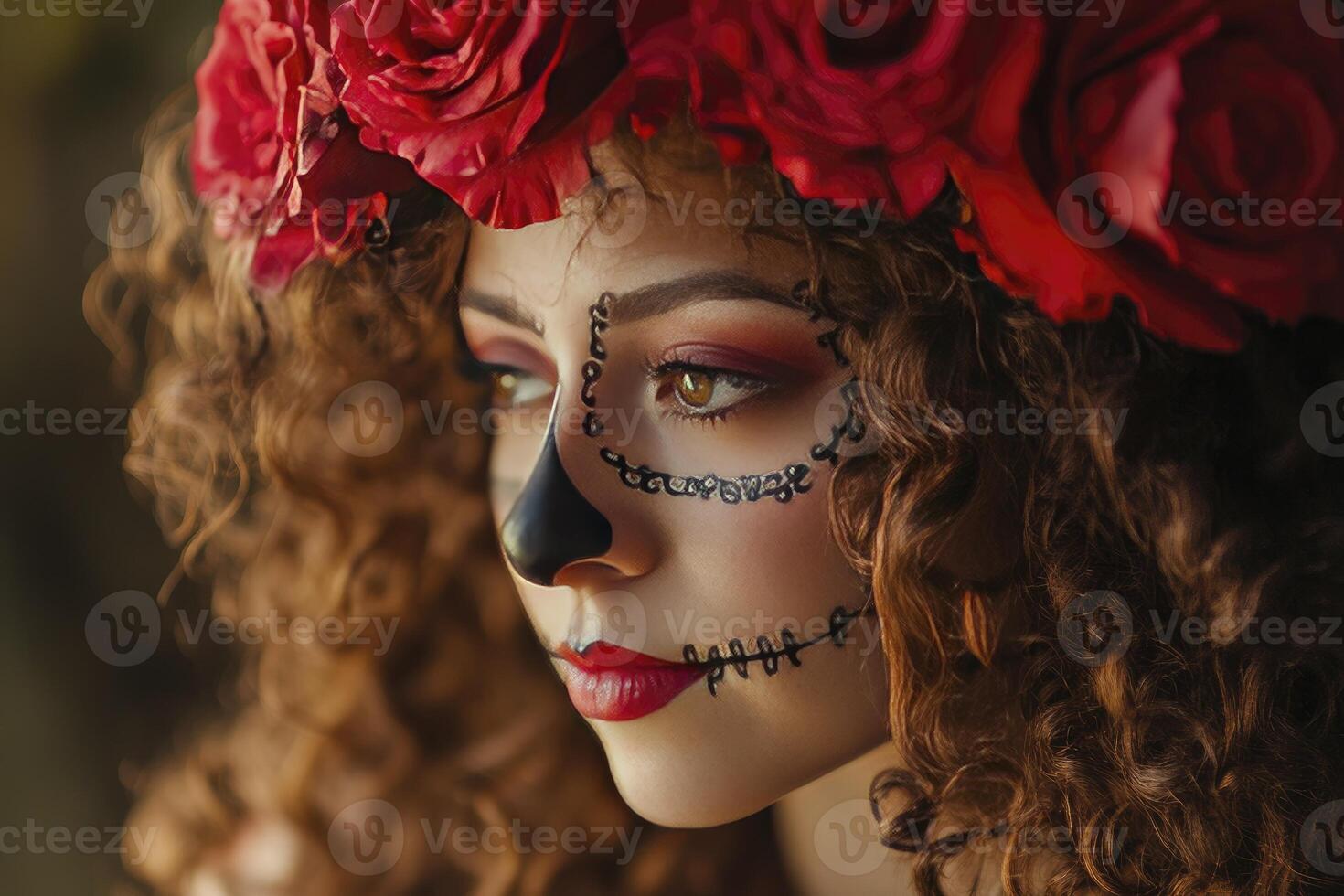 Woman with Sugar Skull Makeup and Rose Crown for Day of Dead photo