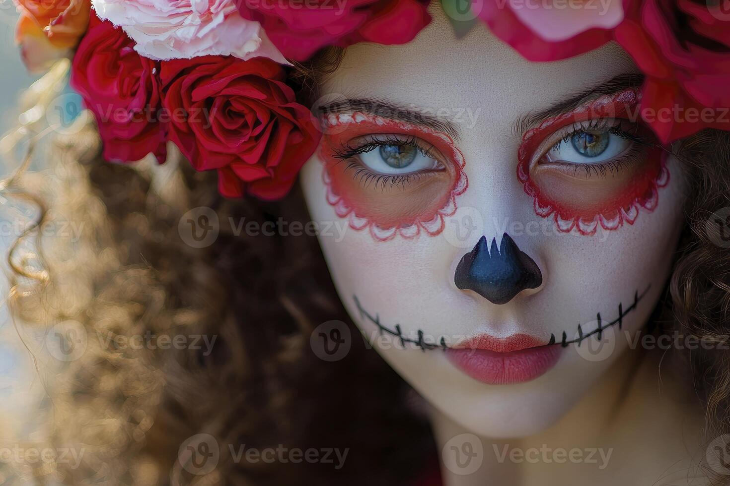 Woman with Sugar Skull Makeup and Floral Crown Celebrates Day of Dead photo