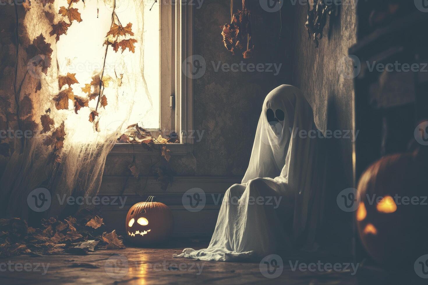 Ghost Sitting Next to Pumpkins in Spooky Halloween Setting Indoors photo