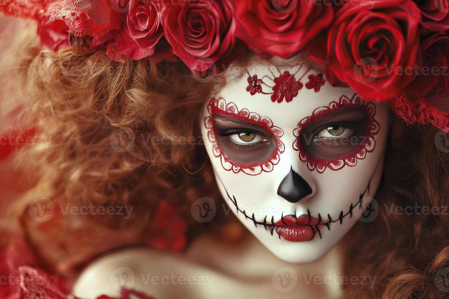 Woman with Sugar Skull Makeup and Red Rose Crown for Day Celebration photo