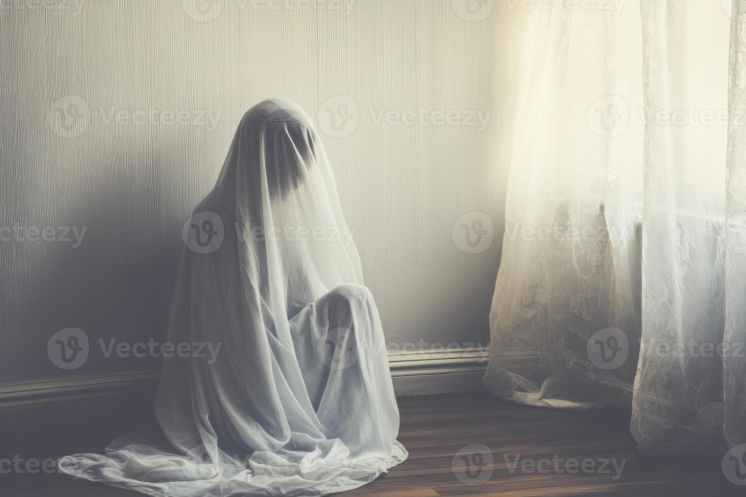 Person Under Sheet Sitting on Floor in a Dimly Lit Room photo