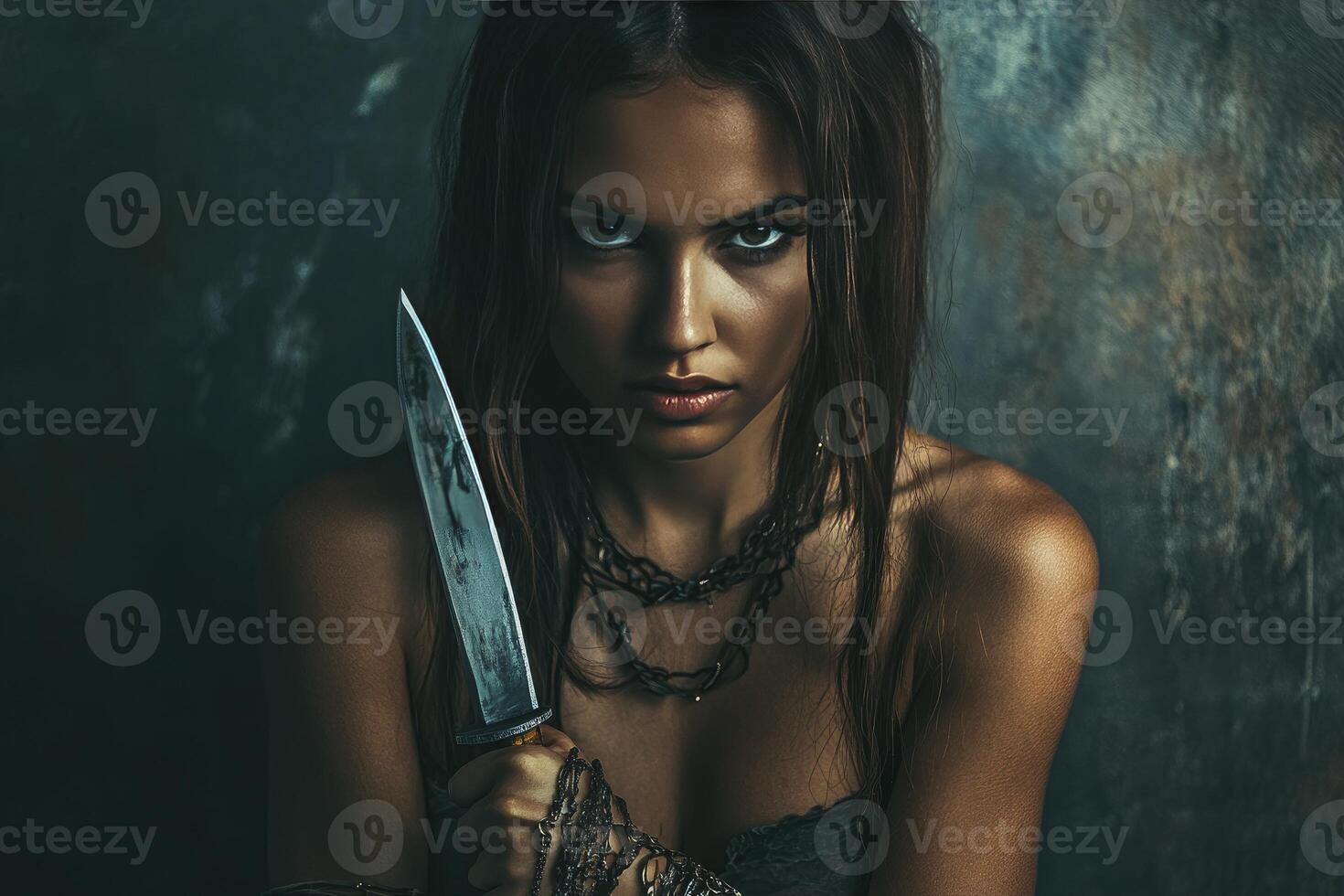 Woman Holding Knife with Intense Gaze and Dark Edgy Style photo