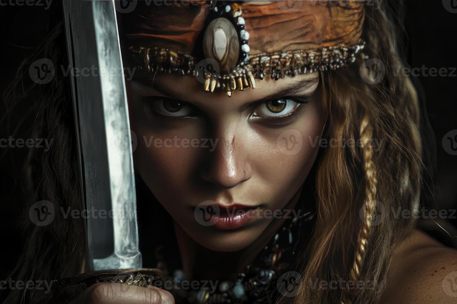 Warrior Woman Holding Sword Stares Intensely with Tribal Headband and Braids photo