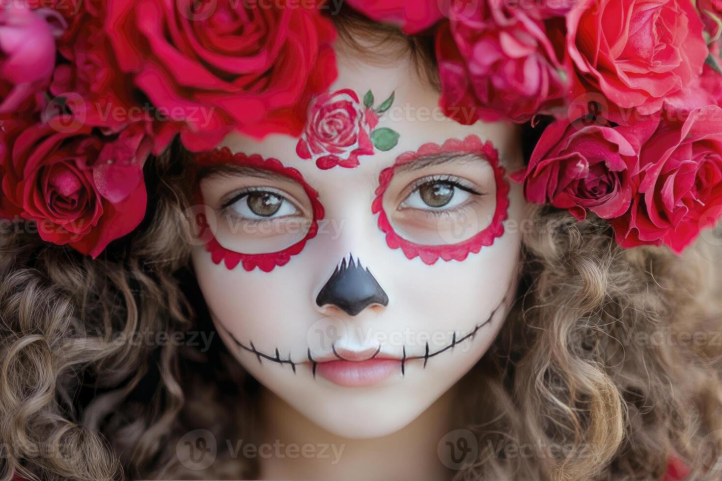 Girl with Day of the Dead Makeup and Roses in Hair photo