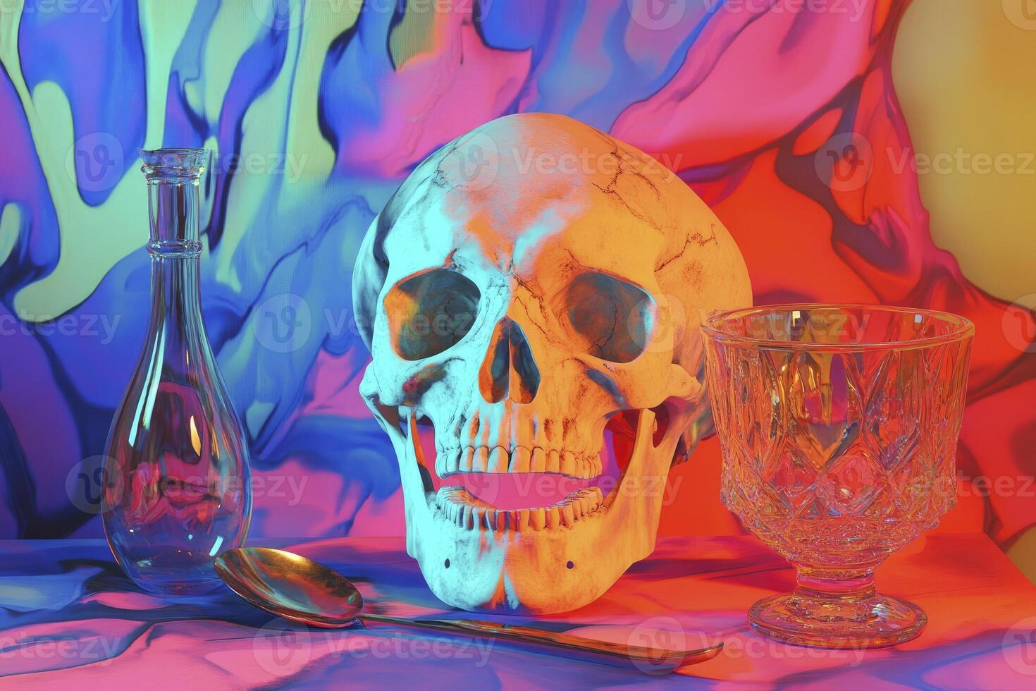 Skull Still Life with Glassware and Spoon on Colorful Fabric photo