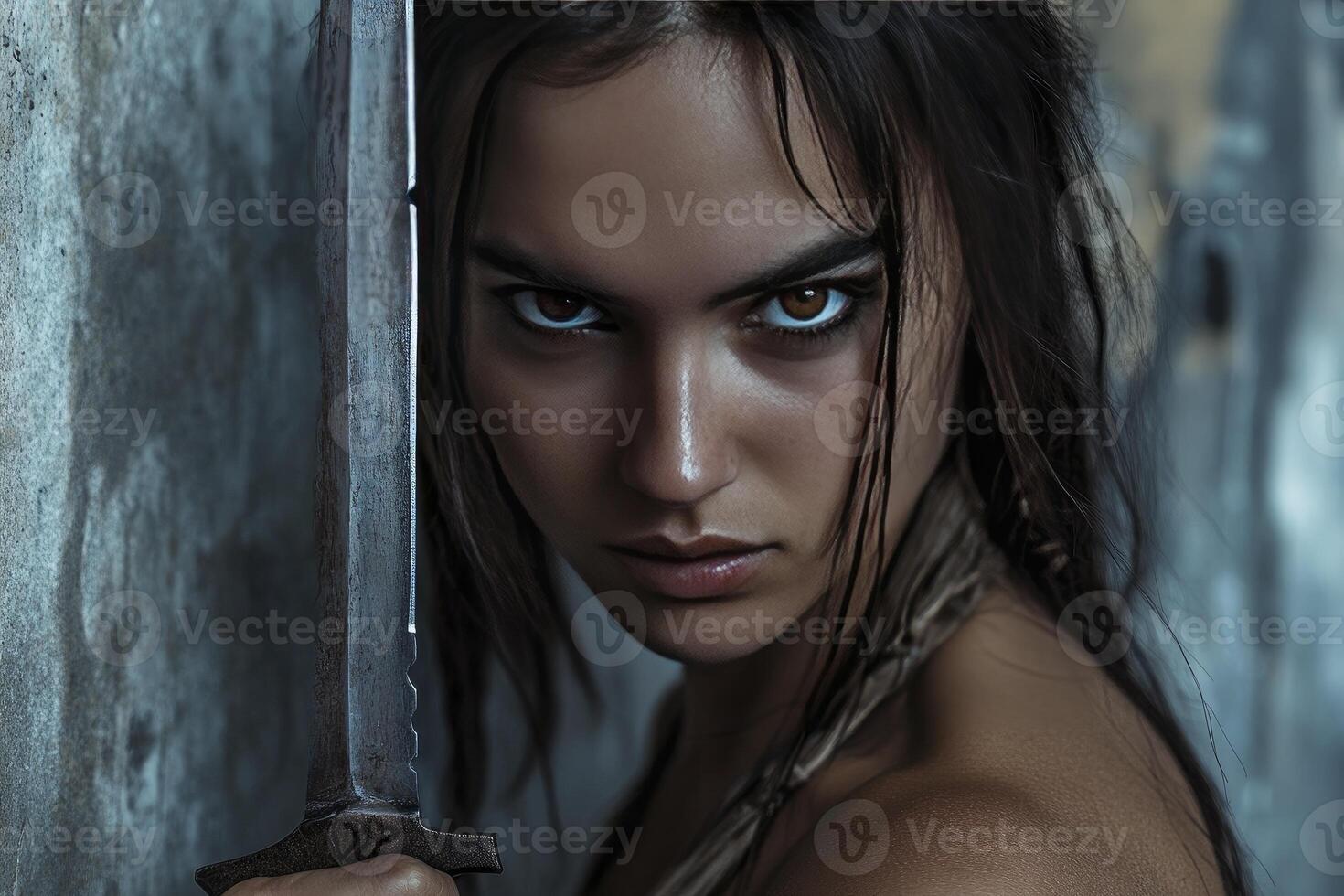 Strong Woman Holding Sword with Intense Gaze Against a Grunge Wall photo