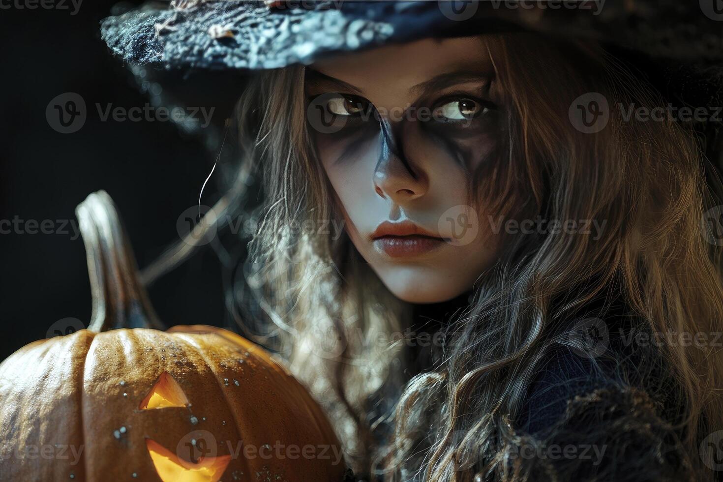 Young Woman Dressed As Witch Holding Halloween Pumpkin for Festive Season photo