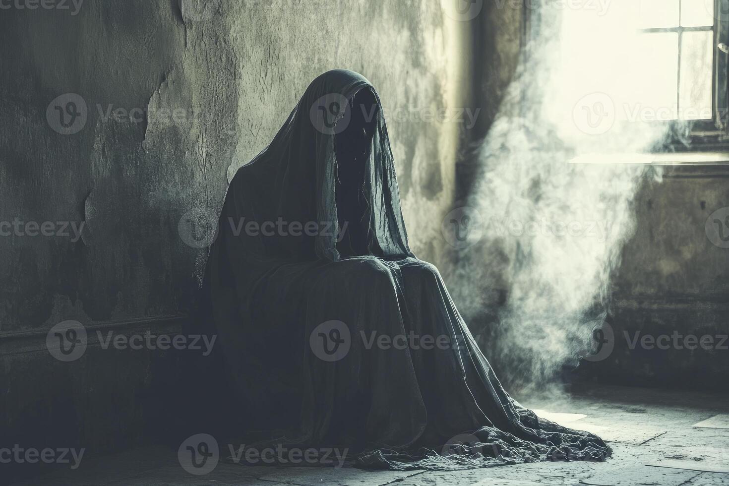 Sitting Ghost in Draped Cloth Beside Window with Smoky Atmosphere Indoors photo