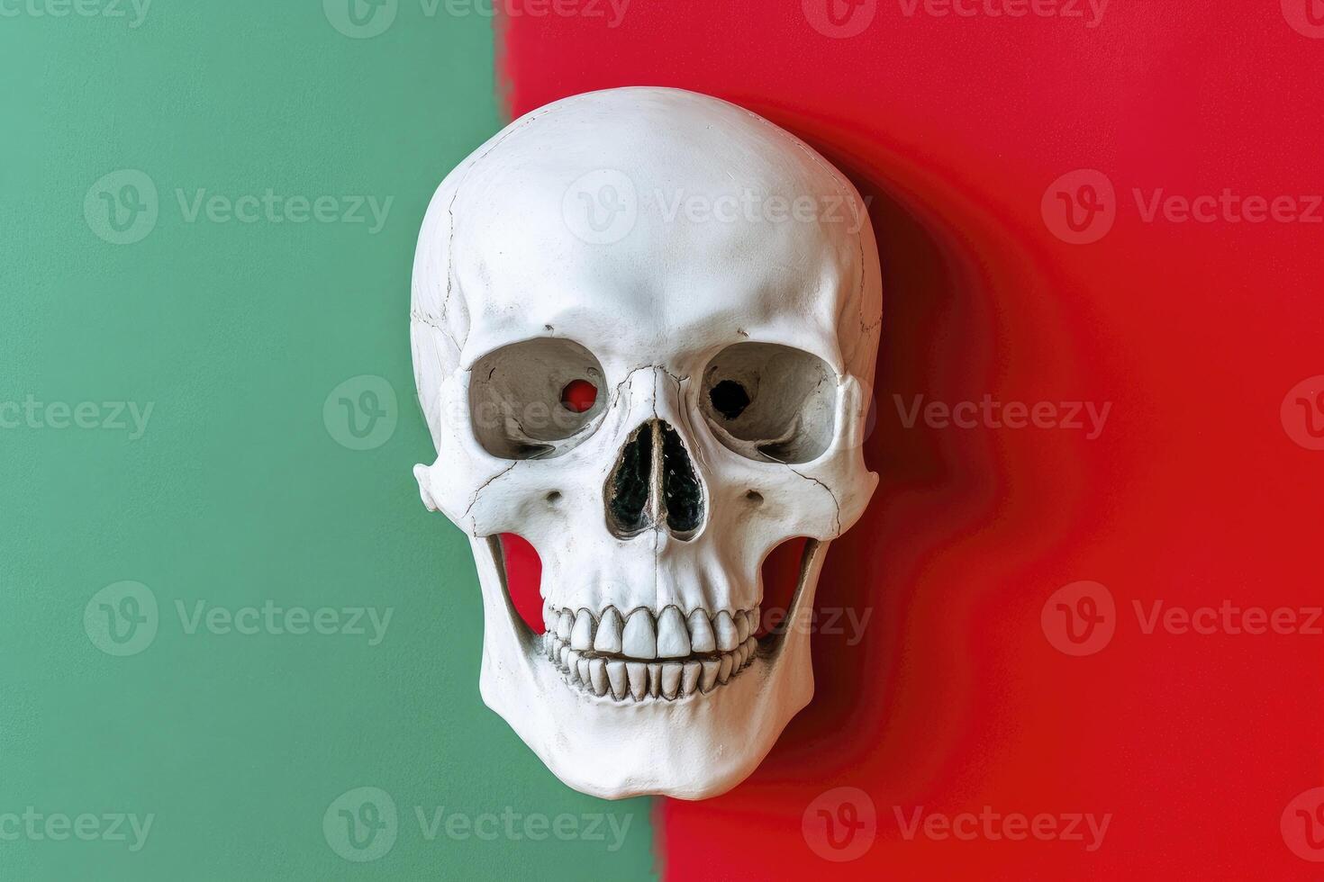 Skull Still Life on Two-tone Background with Red and Green Colors photo
