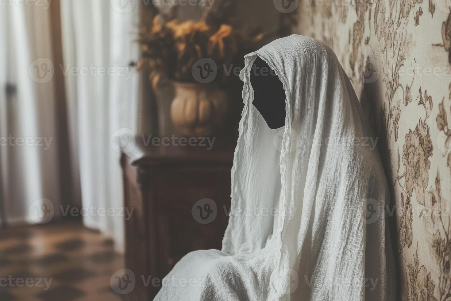 Figure Draped in White Cloth Leaning Against Wall in Vintage Room photo