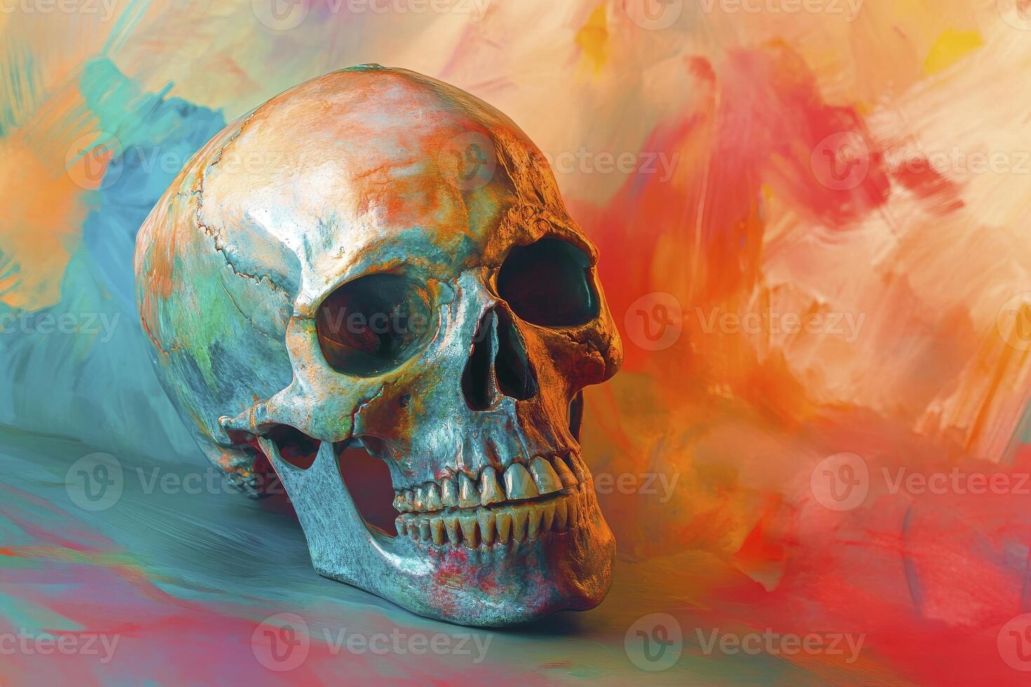 Human Skull Still Life with Colorful Abstract Background for Art Projects photo