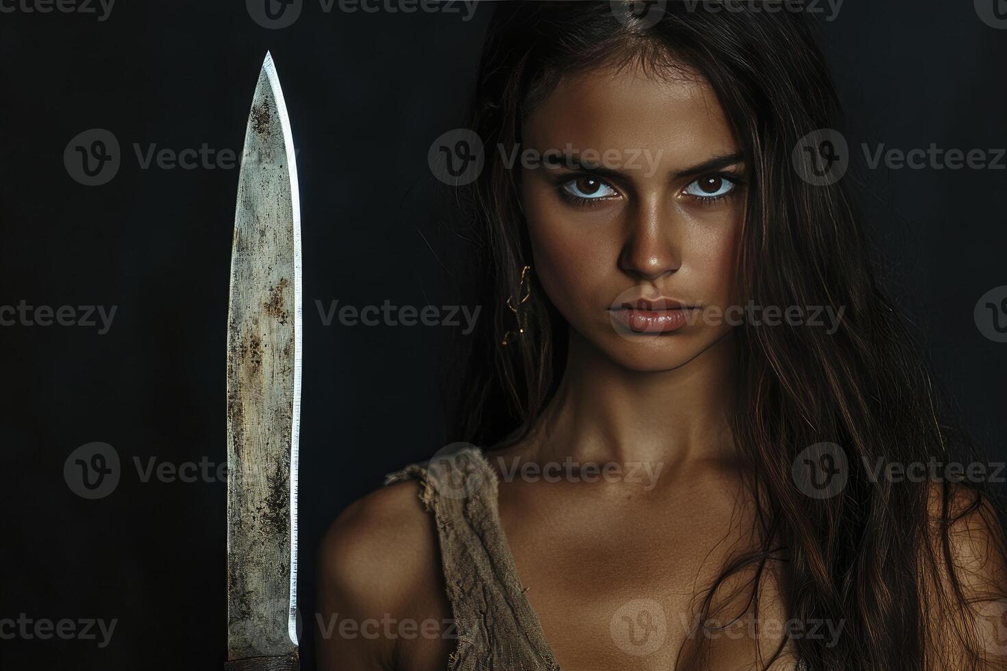 Determined Woman Holding Sharp Knife in Dark Setting Looking Intensely photo