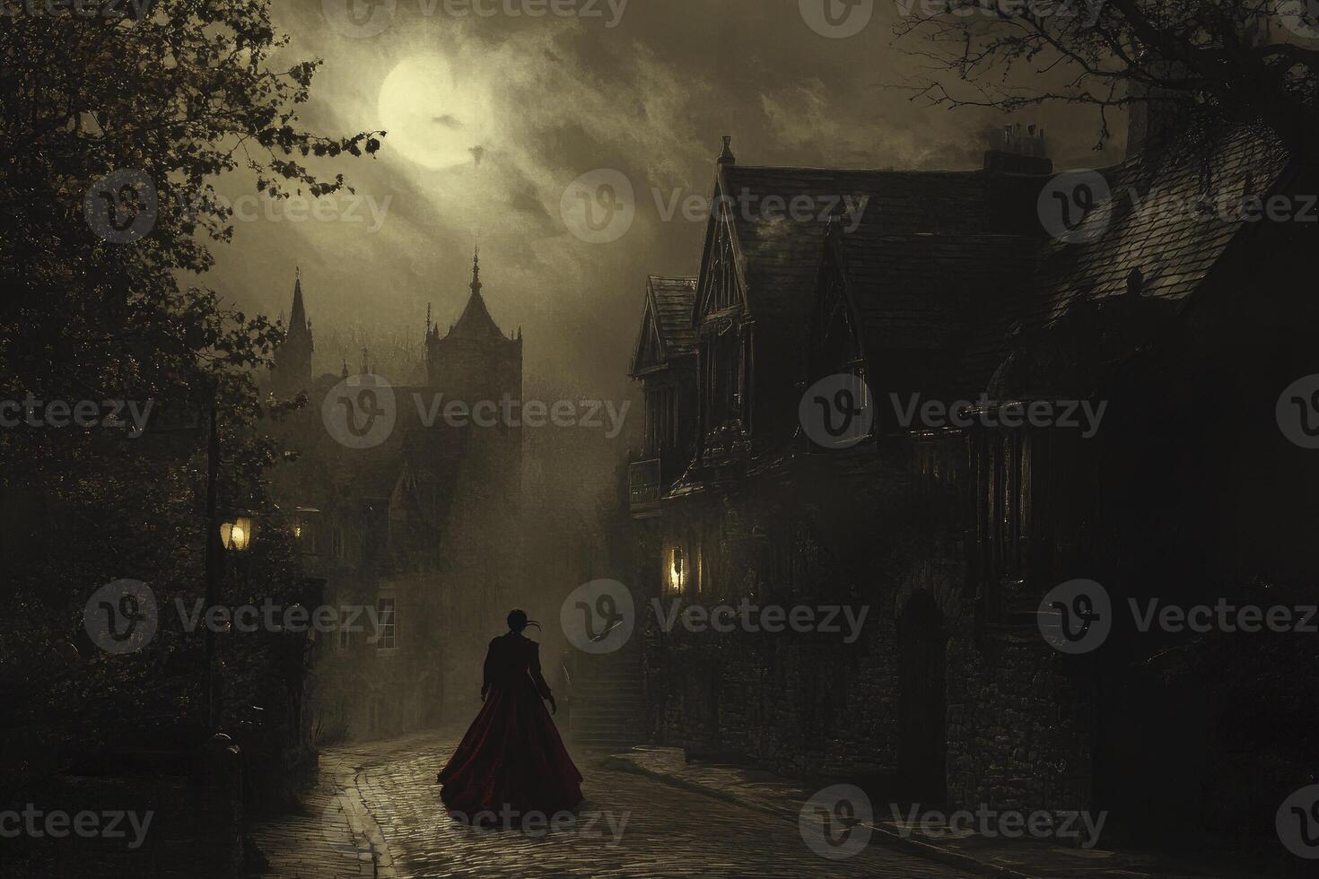 Woman in Red Dress Walking on Cobblestone Street in Misty Moonlight photo