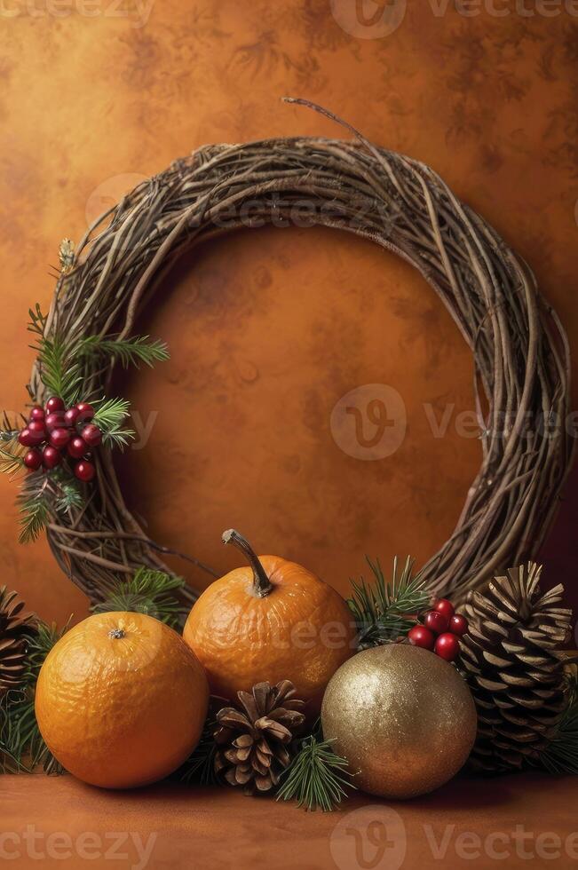 Festive Autumn Still Life with Wreath, Oranges and Pine Cones photo