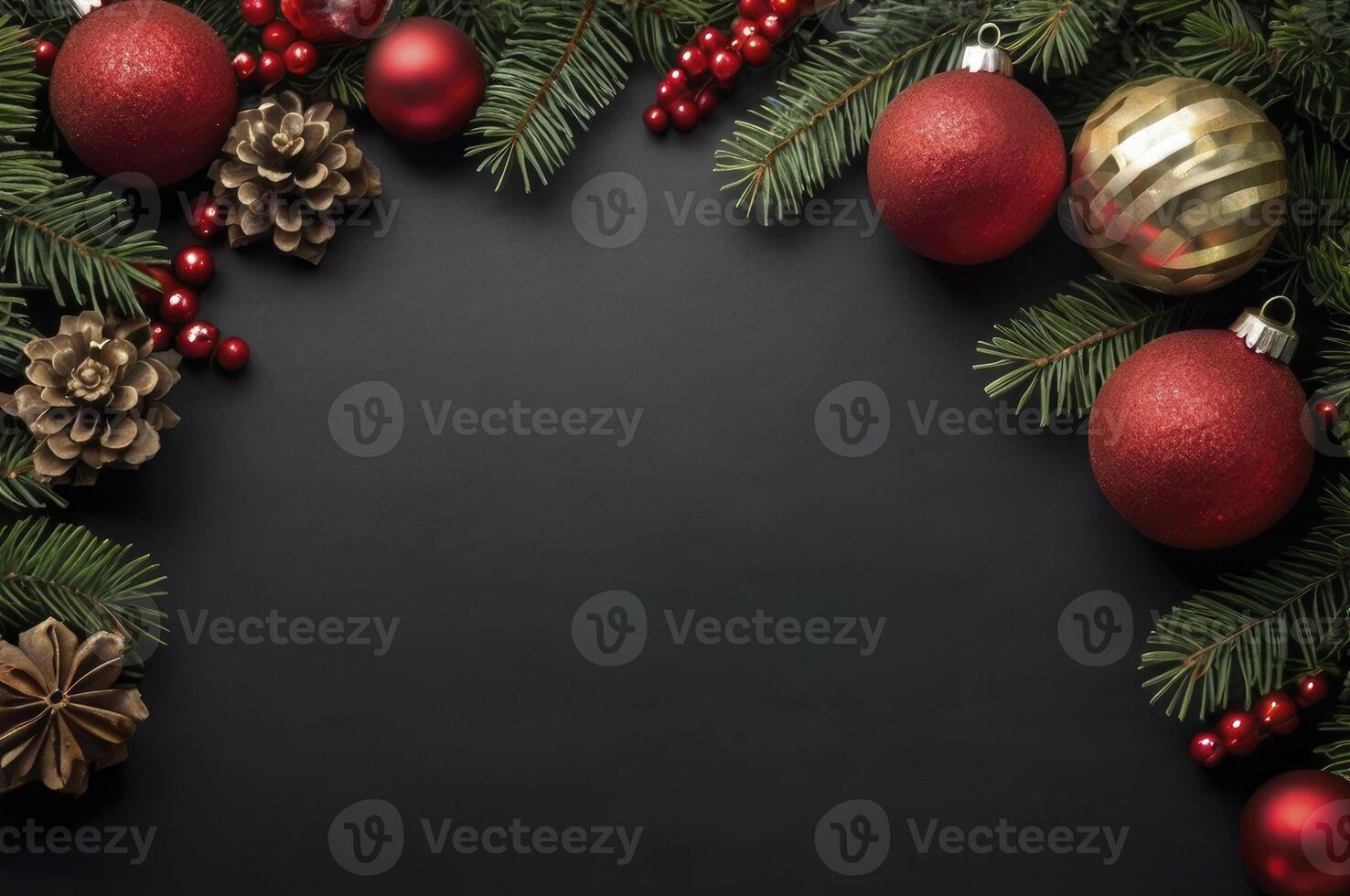 Christmas Decorations on Black Background with Copy Space for Text photo
