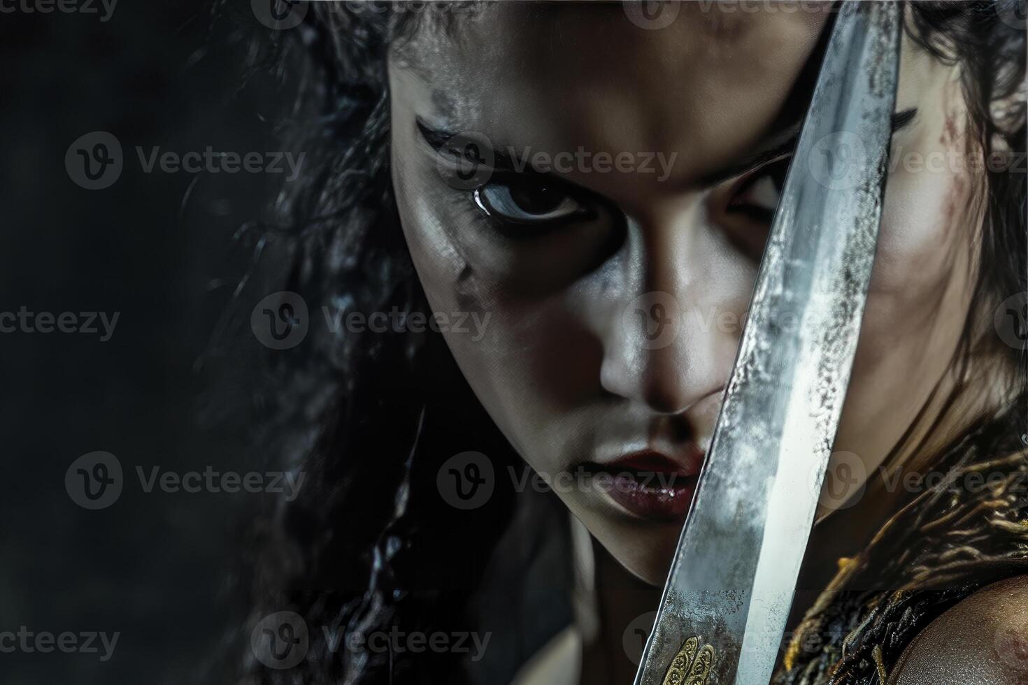 Warrior Woman Portrait with Sword Close Up Showing Intense Determination photo