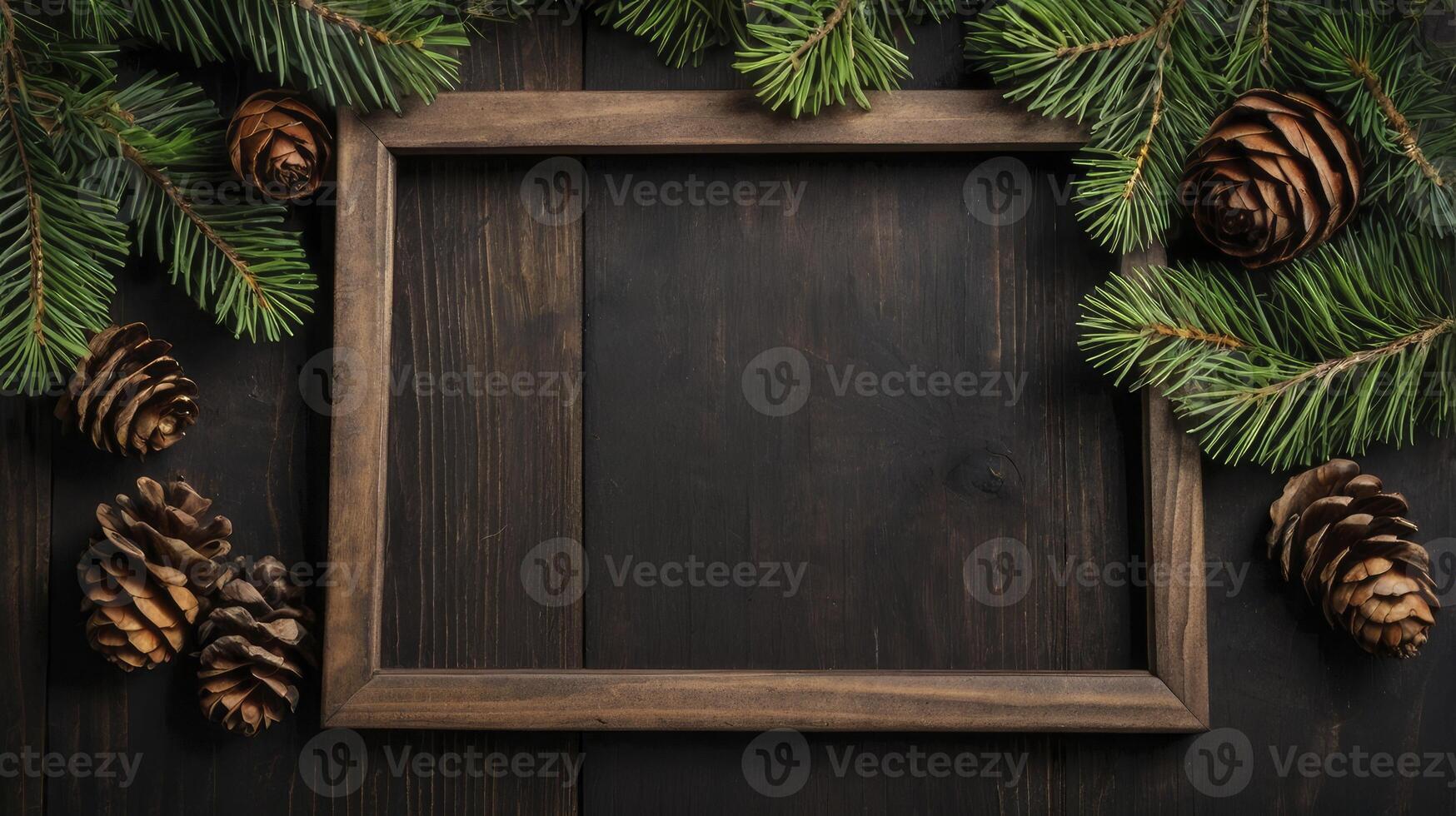 Wooden Frame Surrounded by Pine Branches and Cones on Dark Wood photo
