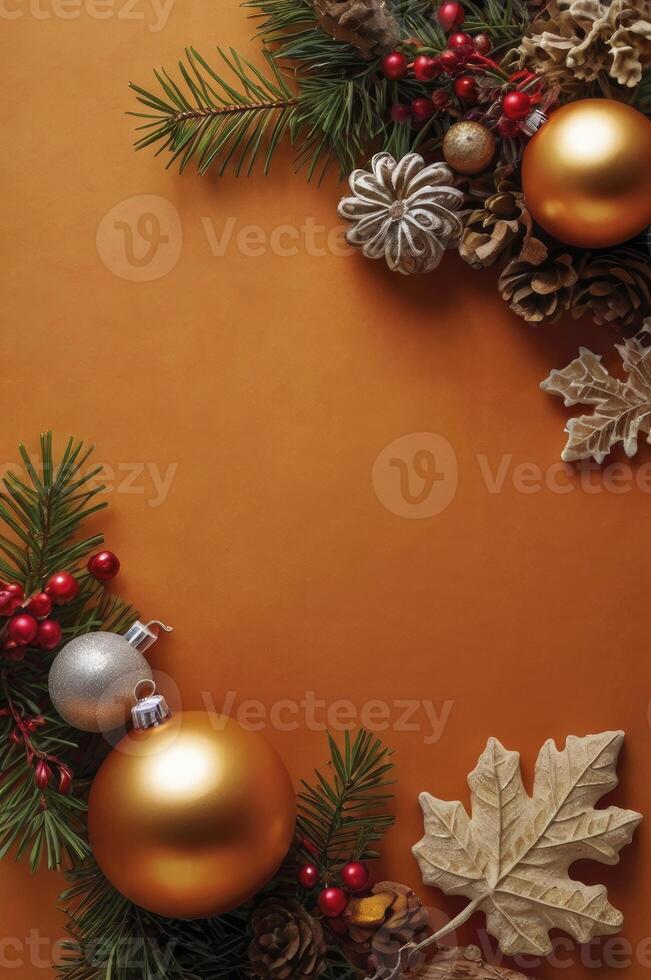 Christmas Ornaments and Evergreen Branch on Orange Background for Holiday Decor photo