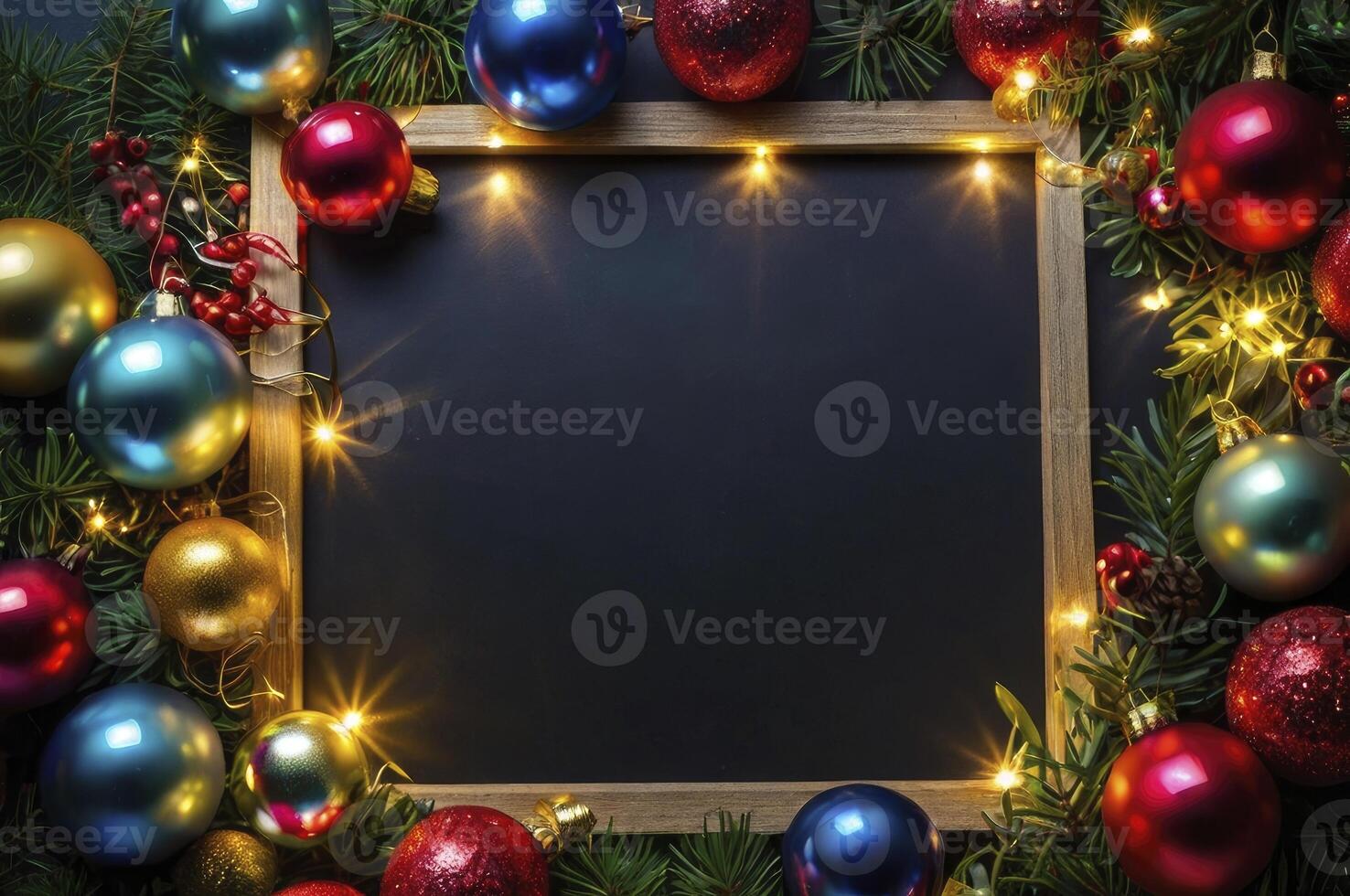 Festive Christmas Ornament Frame with Lights and Blank Blackboard Space photo
