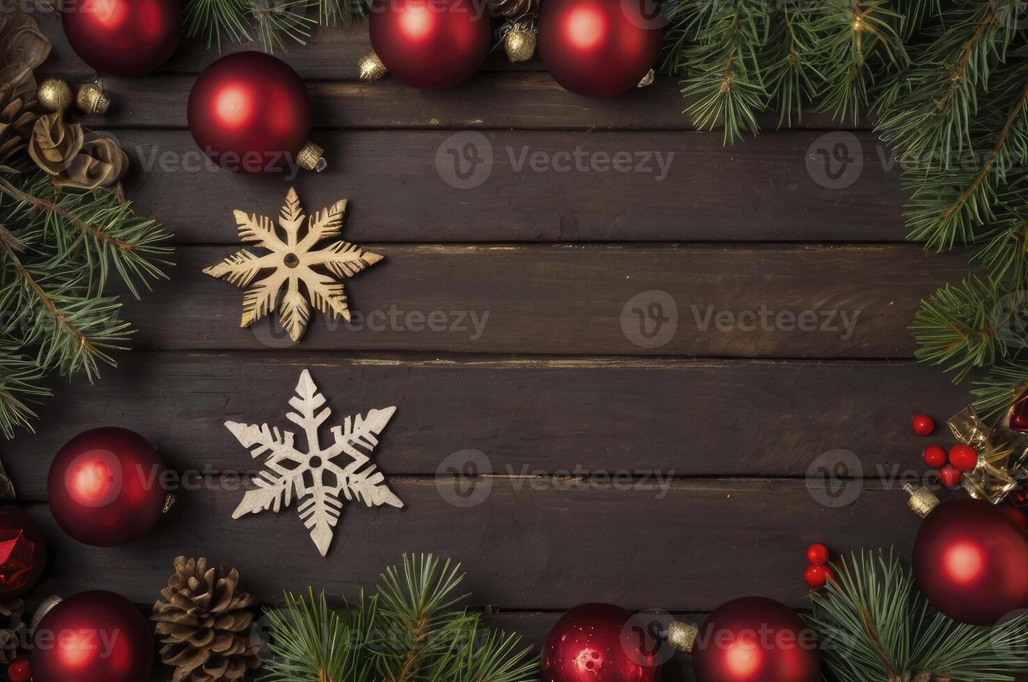 Creating Christmas Decoration Frame with Ornaments Pinecones and Evergreen Branches photo