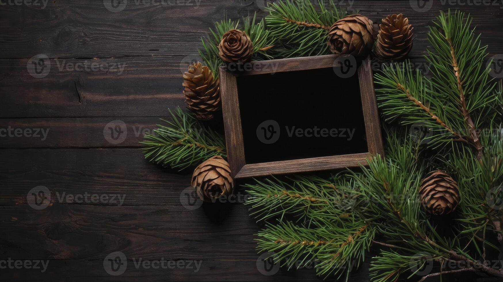 Blank Frame Surrounded by Pine Branches and Cones on Wood Surface photo