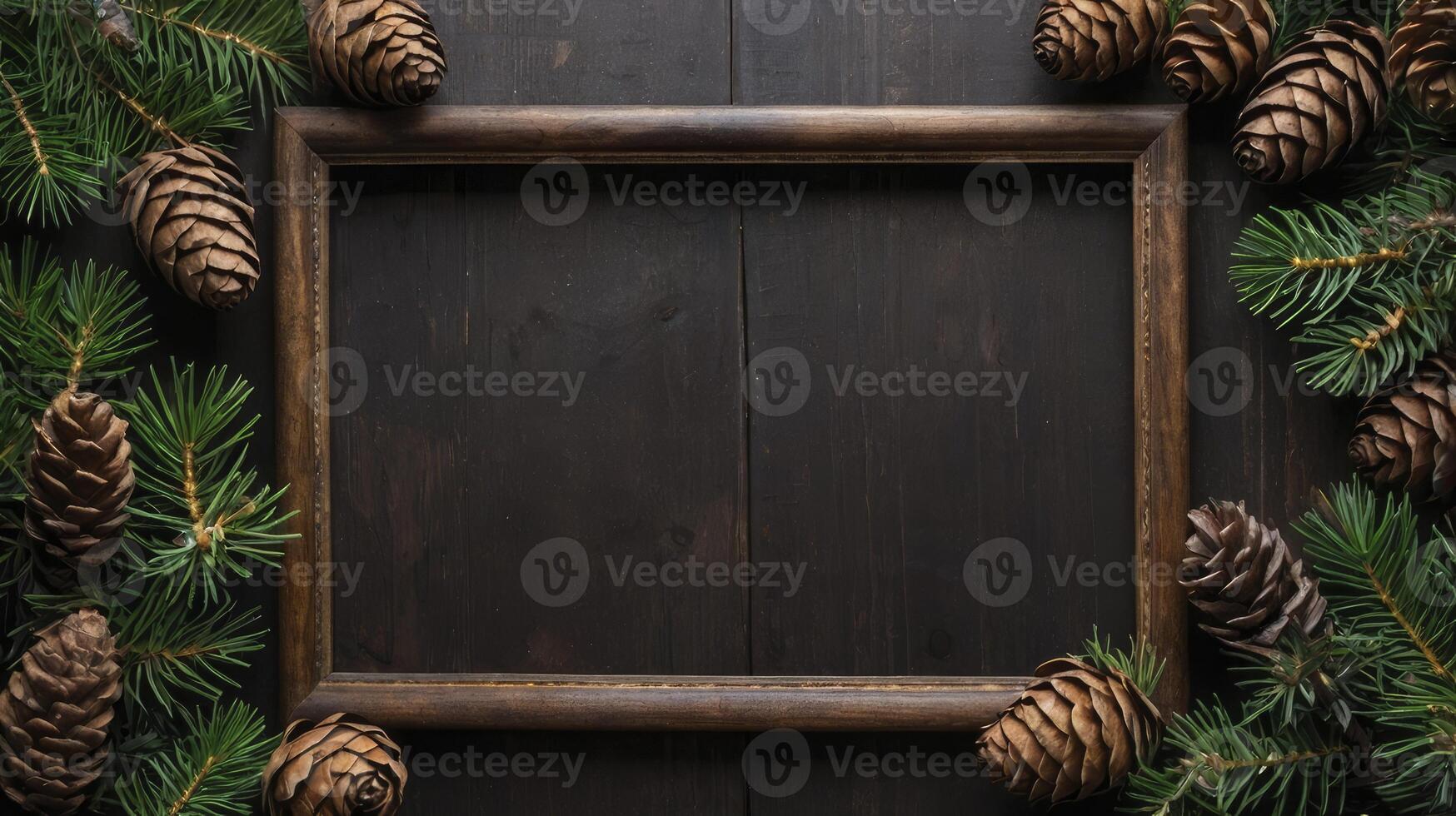 Rustic Wooden Frame with Pine Cones and Evergreen Branches Holiday Decoration photo