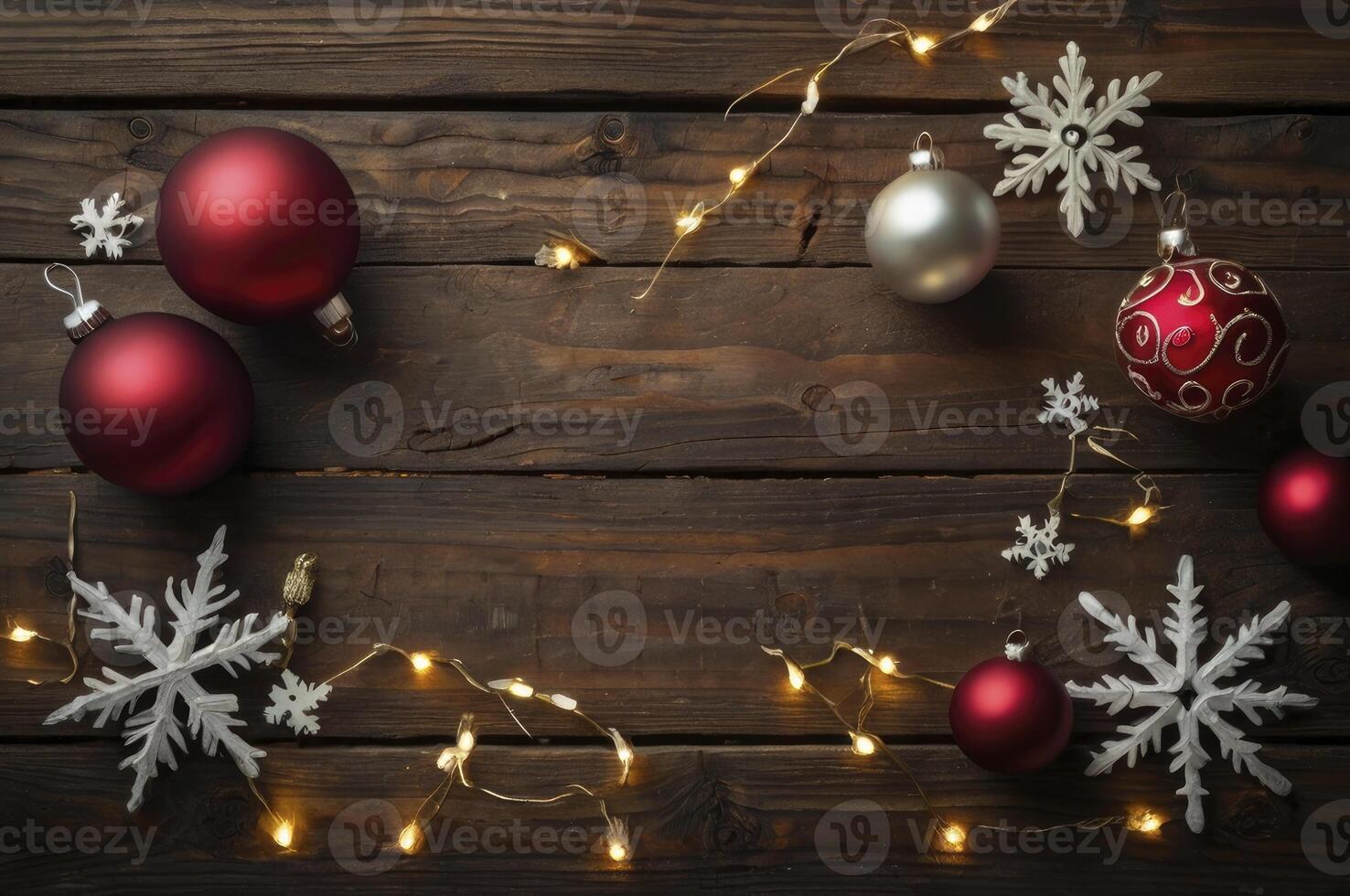 Christmas Ornaments and Snowflakes on Rustic Wooden Table with String Lights photo