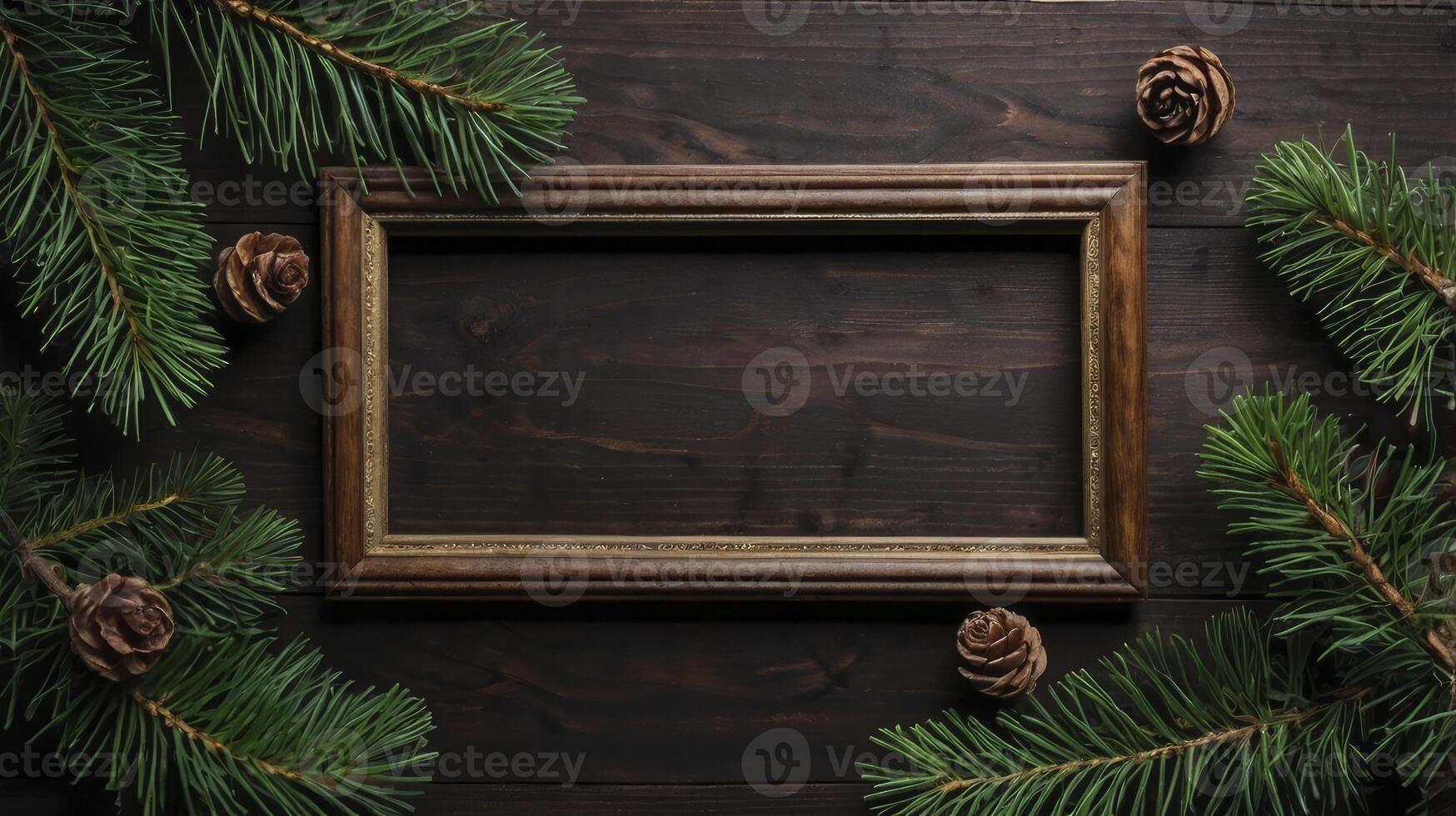 Wooden Frame with Pine Branches and Cones on Dark Wood Surface photo