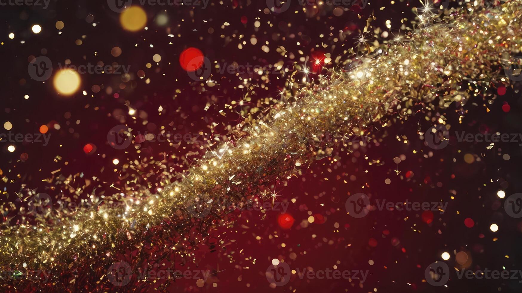 Glittering Gold Confetti Stream on Dark Red Background for Celebration photo