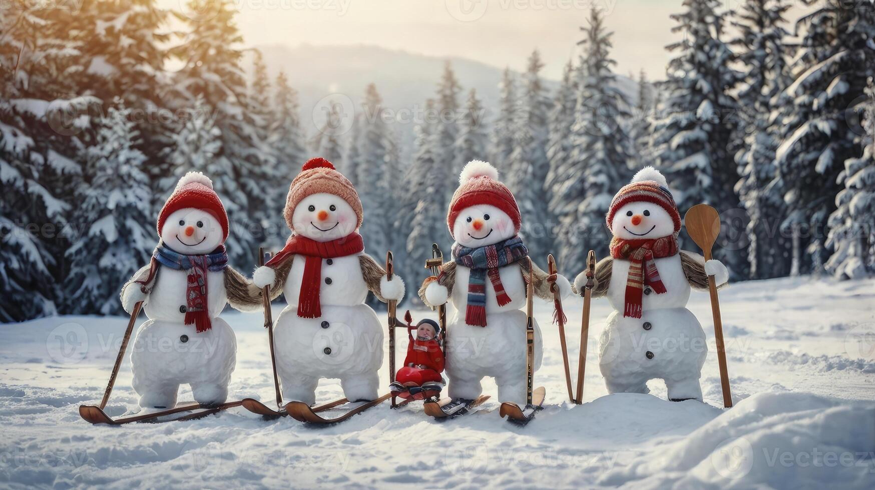 Snowmen Skiing in Snowy Winter Forest with Child in Sled photo