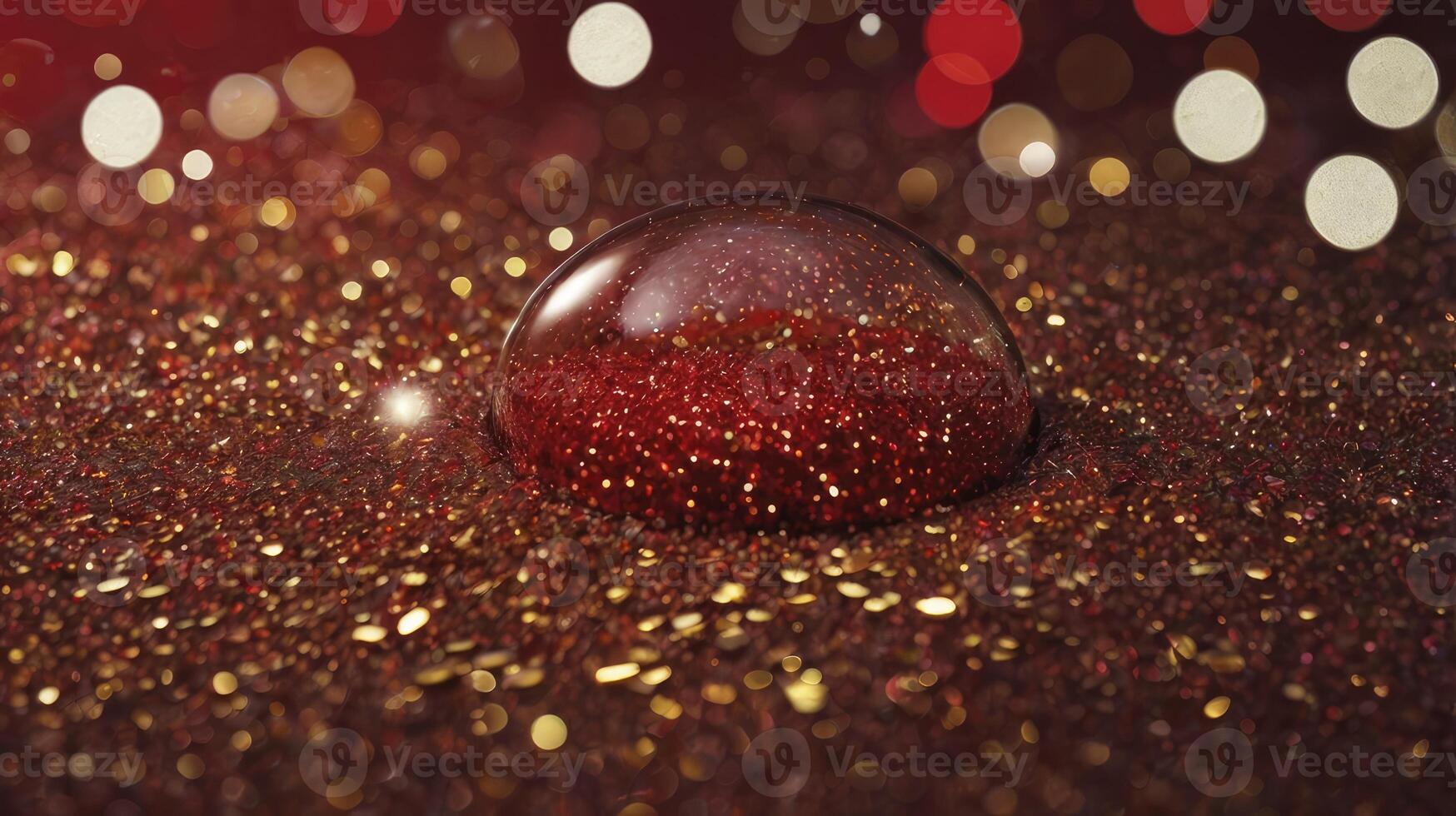 Captivating Red Glitter Water Drop on Sparkling Surface Close Up photo