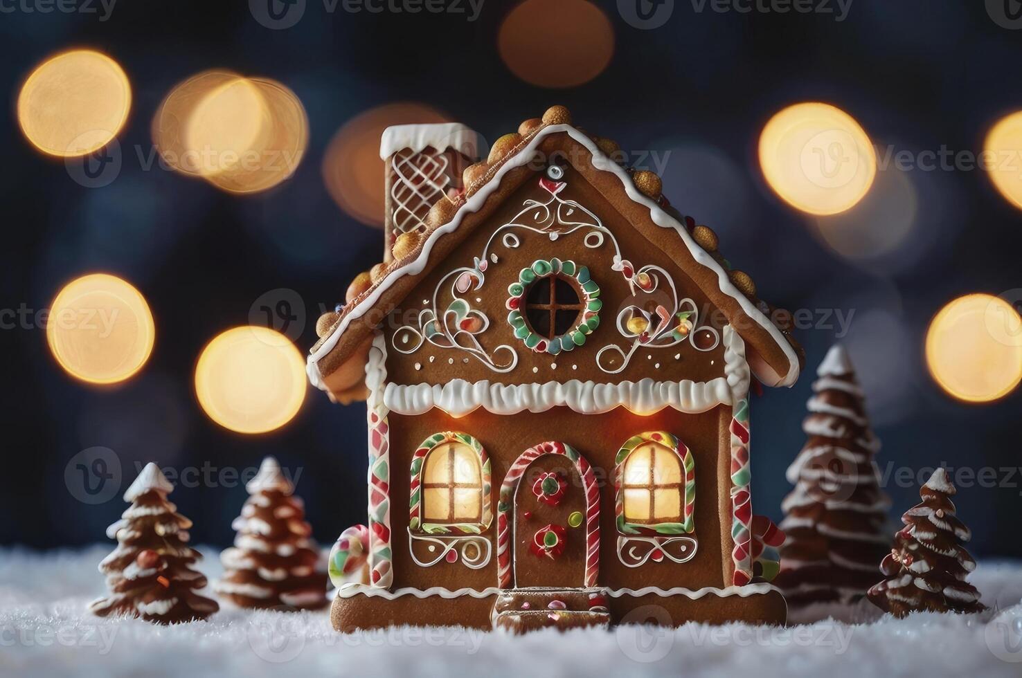 Festive Gingerbread House with Decorated Icing and Christmas Tree Cookies photo