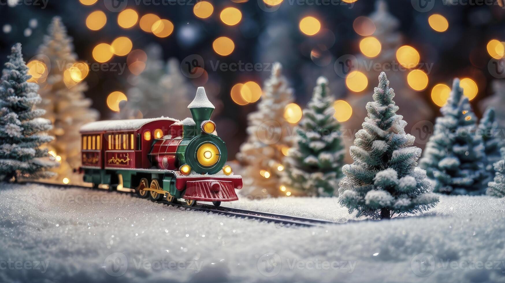 Toy Train in Snowy Christmas Forest with Bokeh Lights Background photo