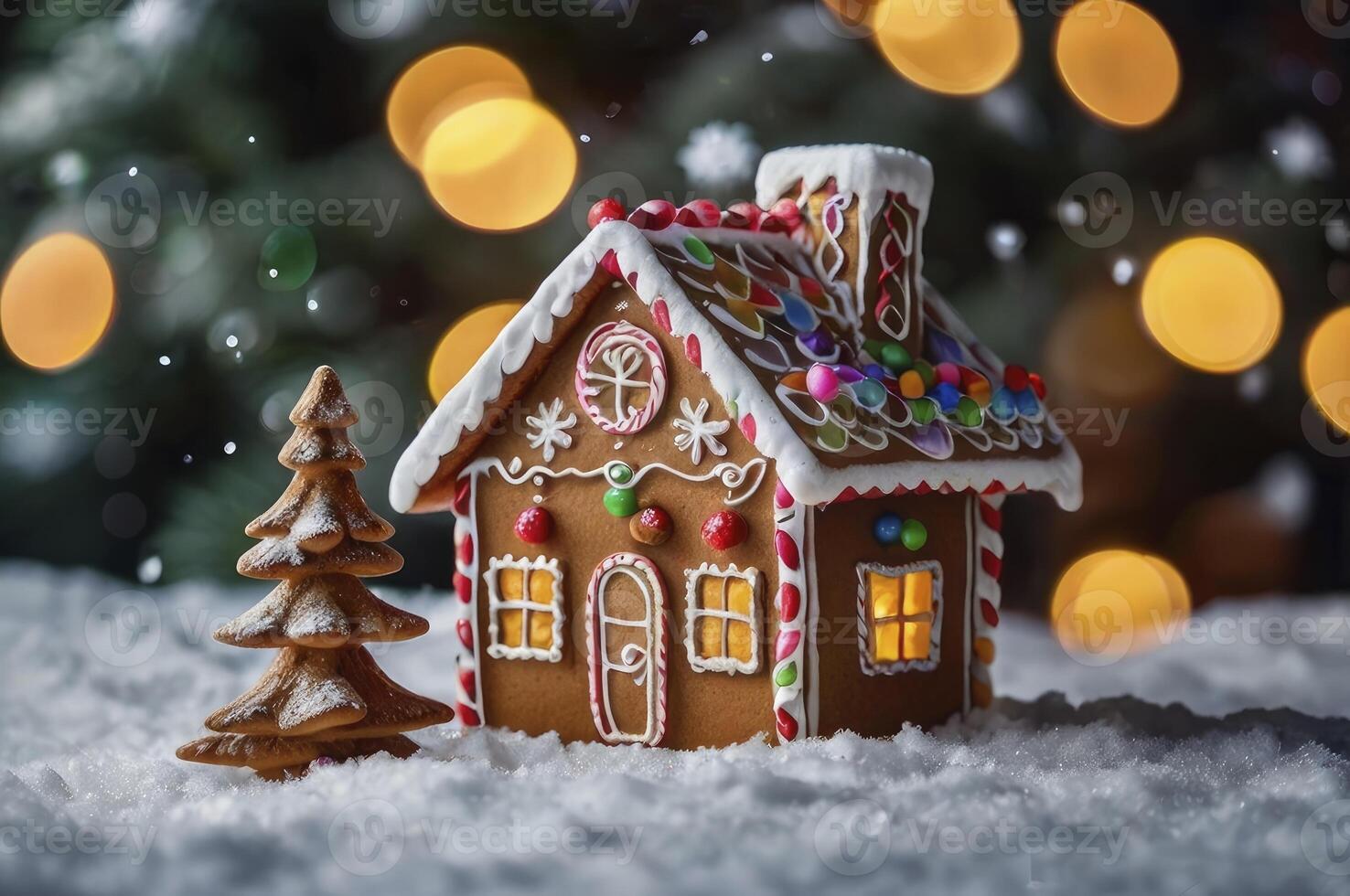 Creating Gingerbread House Festive Holiday Scene with Cookie Tree Decoration photo