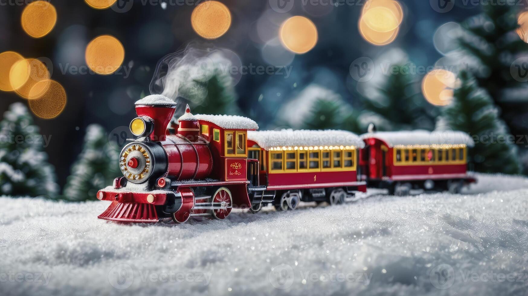 Festive Christmas Train Toy with Snow and Bokeh Background Scene photo