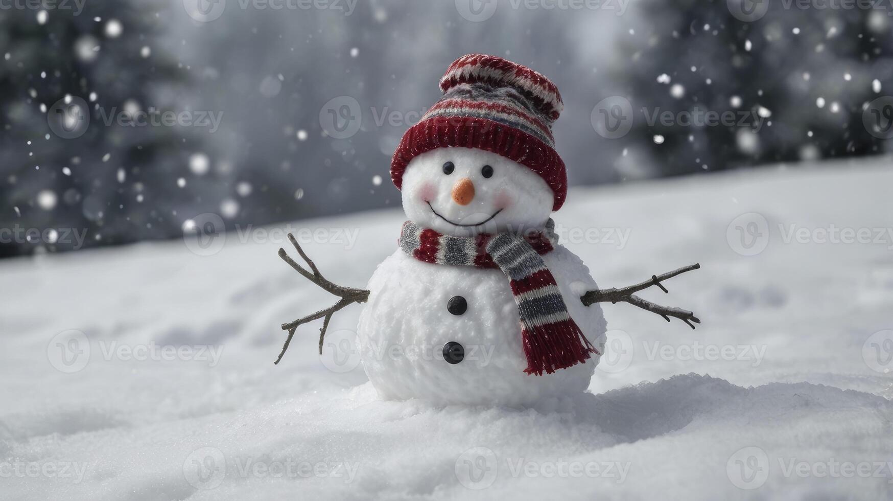 Cute Smiling Snowman in Snowy Landscape with Hat and Scarf photo