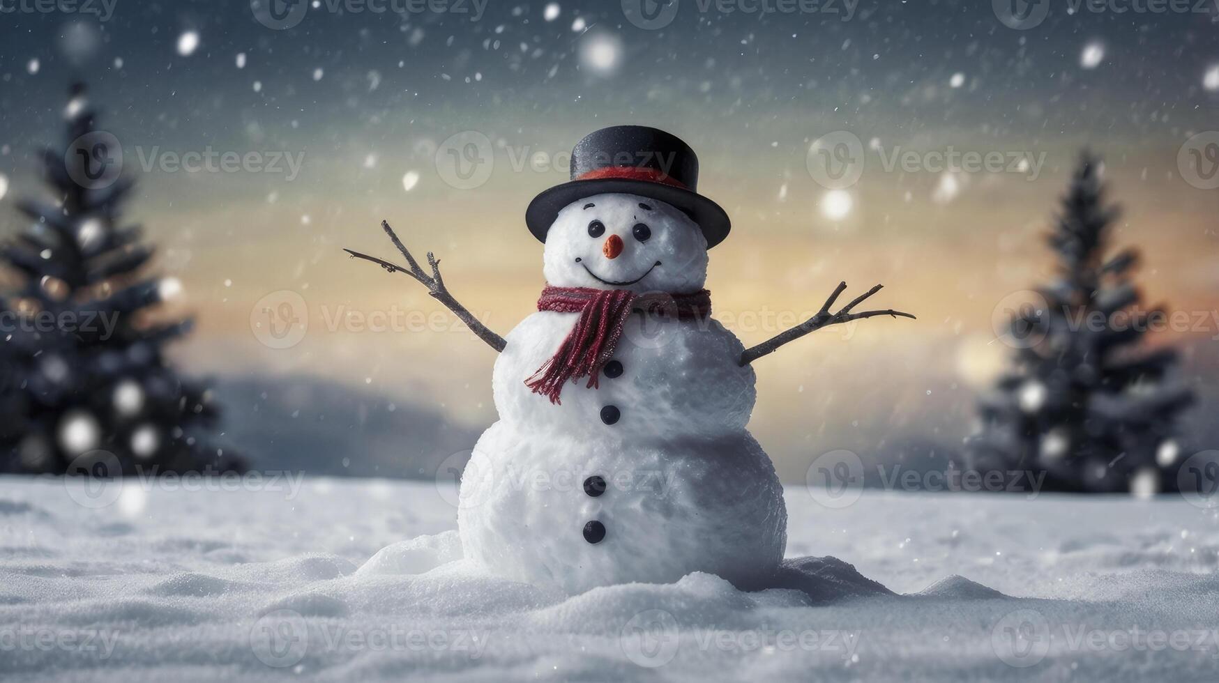 Smiling Snowman with Scarf and Hat Standing in Snowy Winter Landscape photo