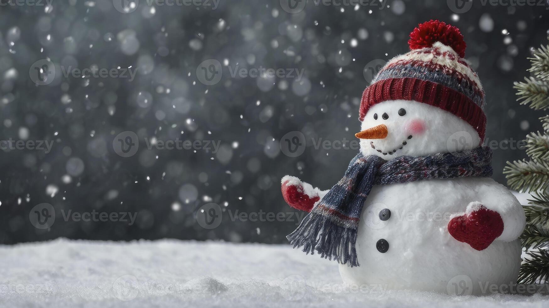 Festive Snowman Standing in a Winter Scene with Falling Snow photo