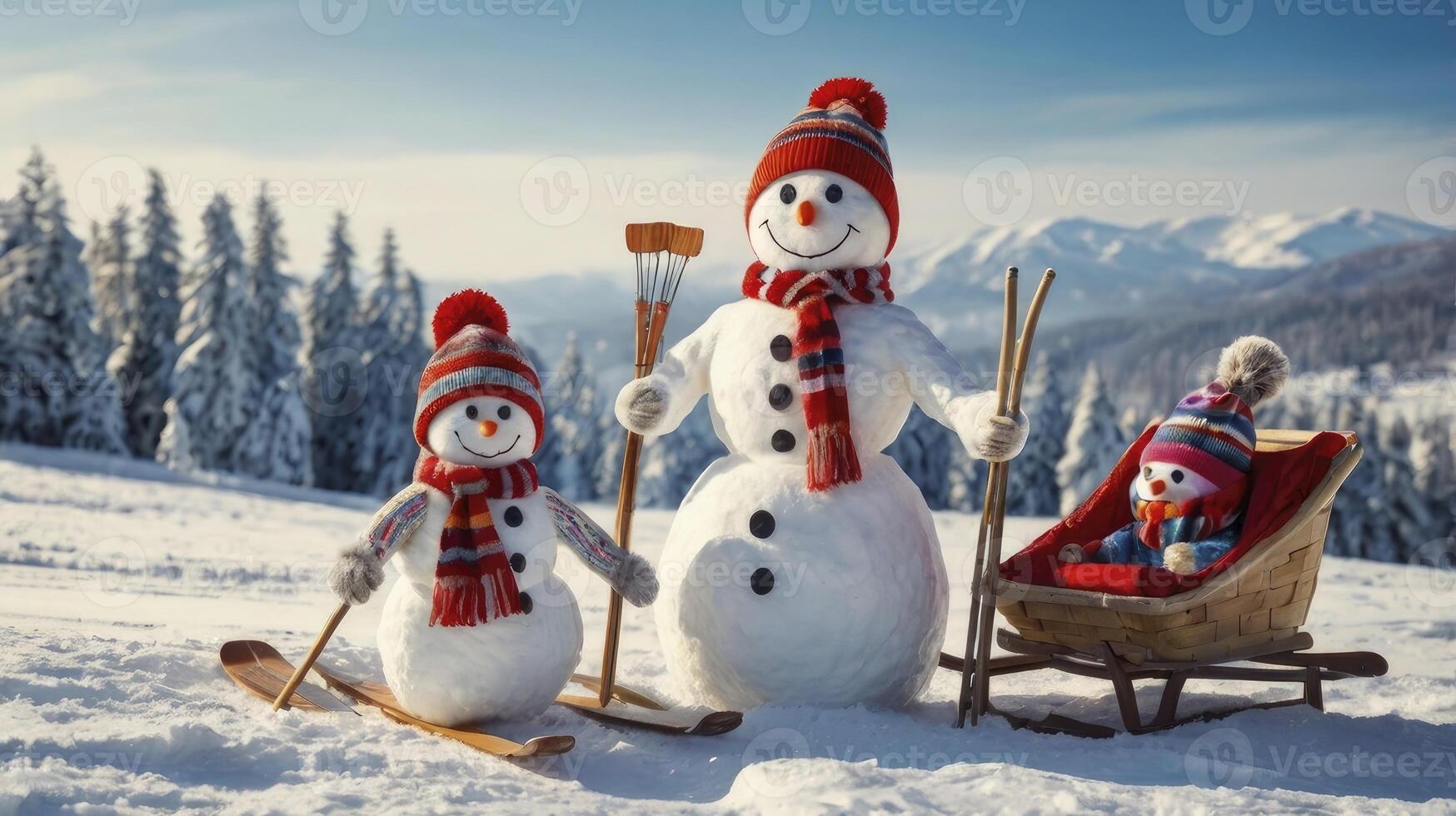 Cheerful Snowman Family Enjoying Winter Activities in Snowy Mountain Landscape photo