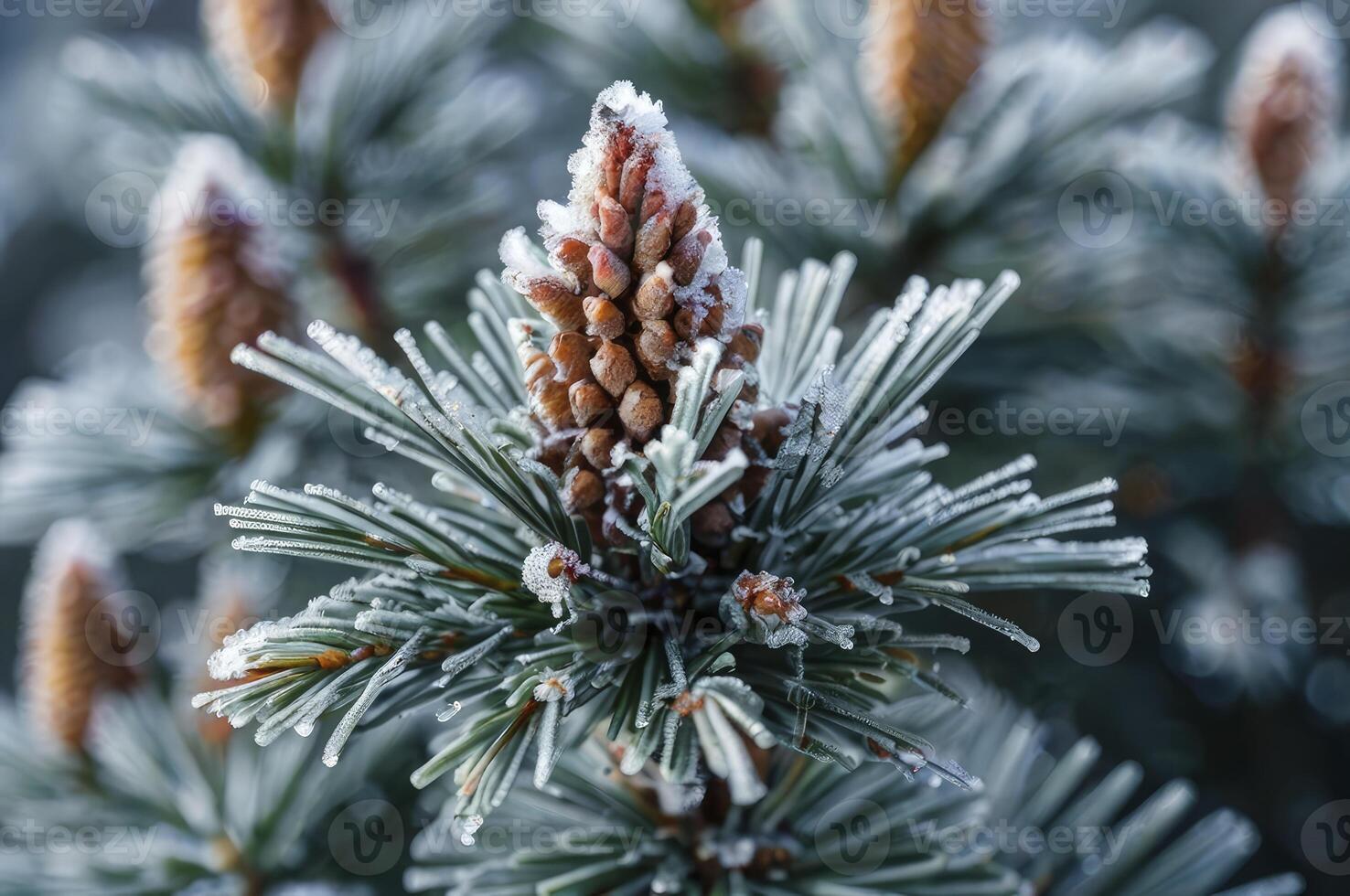 Icy Pine Cone Detail on Frosted Evergreen Branch in Winter Season photo