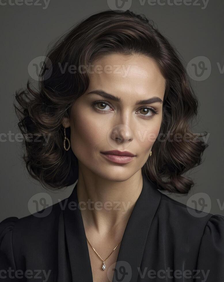 Elegant Woman Portrait with Wavy Hairstyle in Dark Business Attire photo