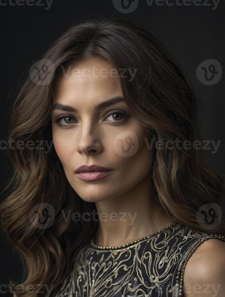 Elegant Woman Portrait with Intricate Dress Against Dark Background photo