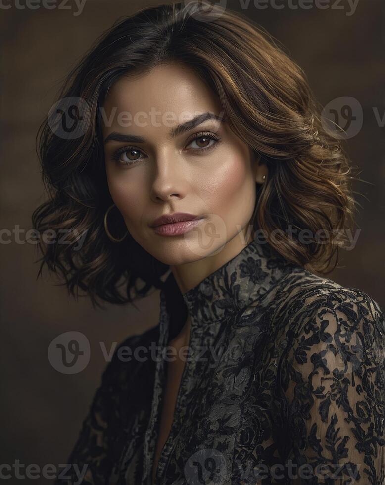 Elegant Woman Portrait with Wavy Hair and Lace Top Posing Confidently photo